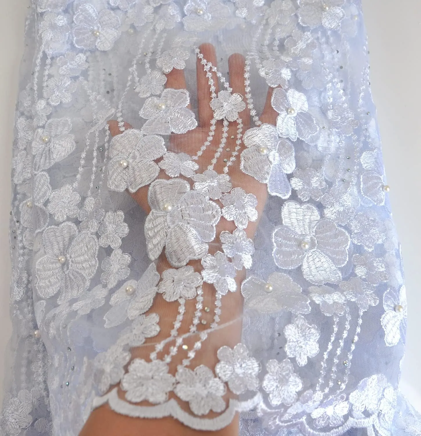 SanVera17 Manual Beading Glitter Stone African Lace Net Fabrics Nigerian Fabric Embroidered for Party Wedding 5 Yards