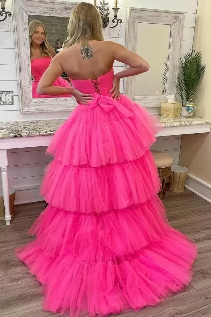 Sevintage High Low Tulle Prom Dress for Women Long Strapless Layered Formal Party Dresses with Train