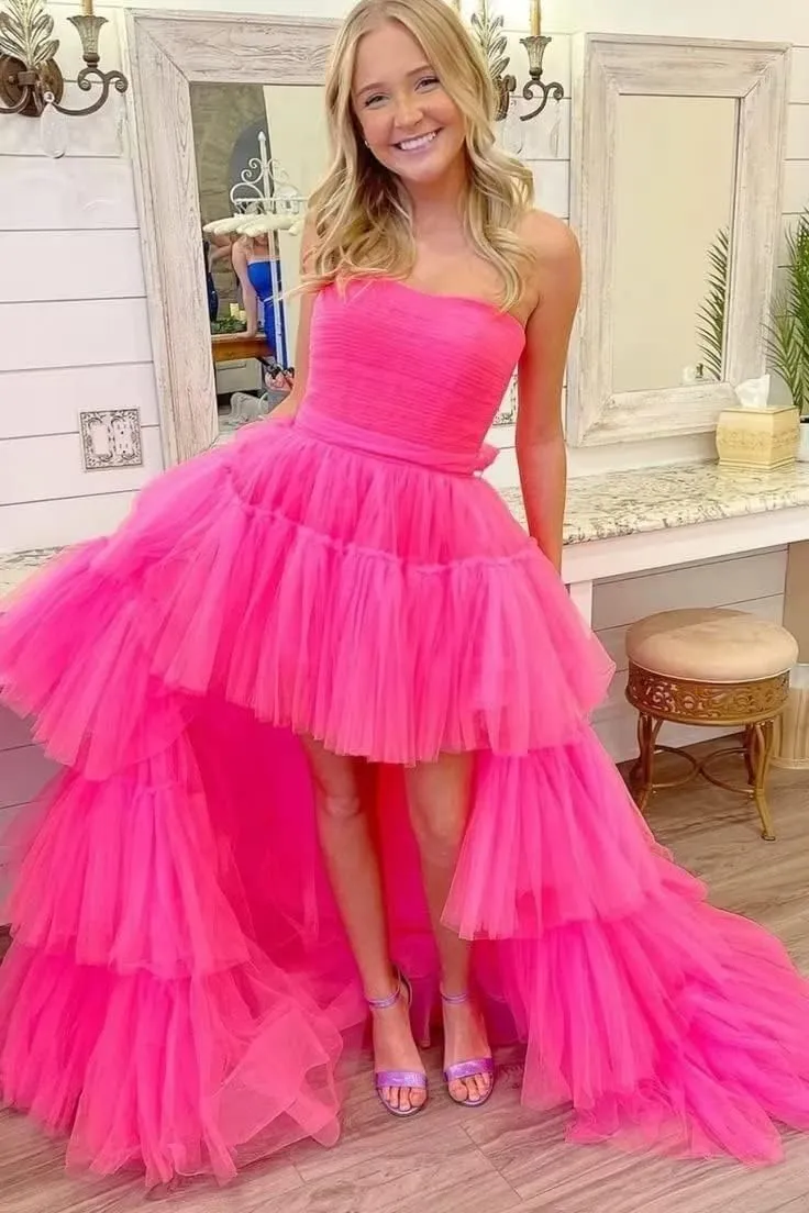 Sevintage High Low Tulle Prom Dress for Women Long Strapless Layered Formal Party Dresses with Train