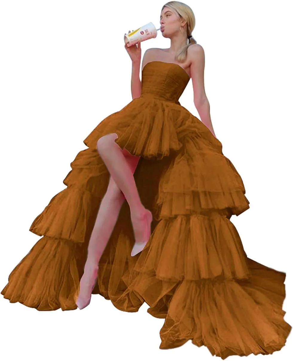 Sevintage High Low Tulle Prom Dress for Women Long Strapless Layered Formal Party Dresses with Train