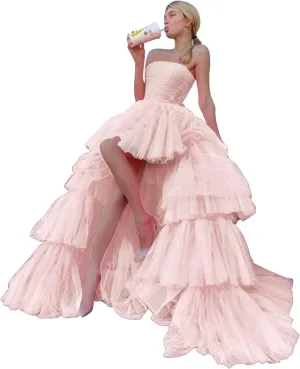 Sevintage High Low Tulle Prom Dress for Women Long Strapless Layered Formal Party Dresses with Train