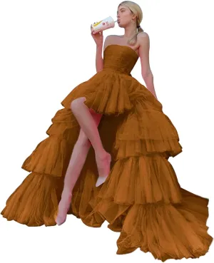 Sevintage High Low Tulle Prom Dress for Women Long Strapless Layered Formal Party Dresses with Train