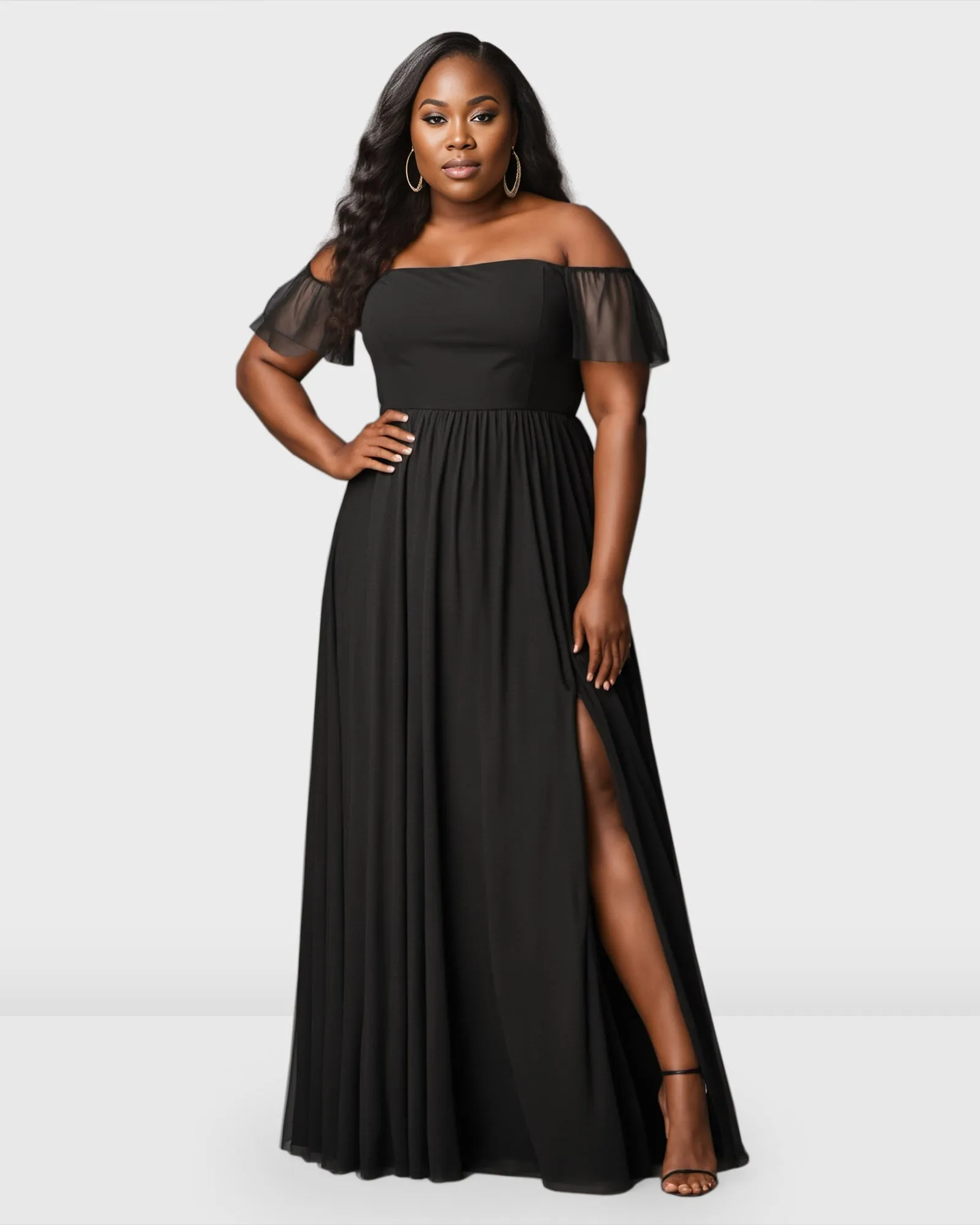 Sheer Tulle Vented Maxi Dress | Black