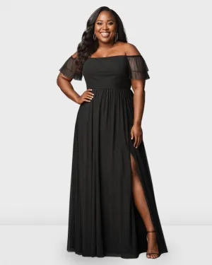 Sheer Tulle Vented Maxi Dress | Black
