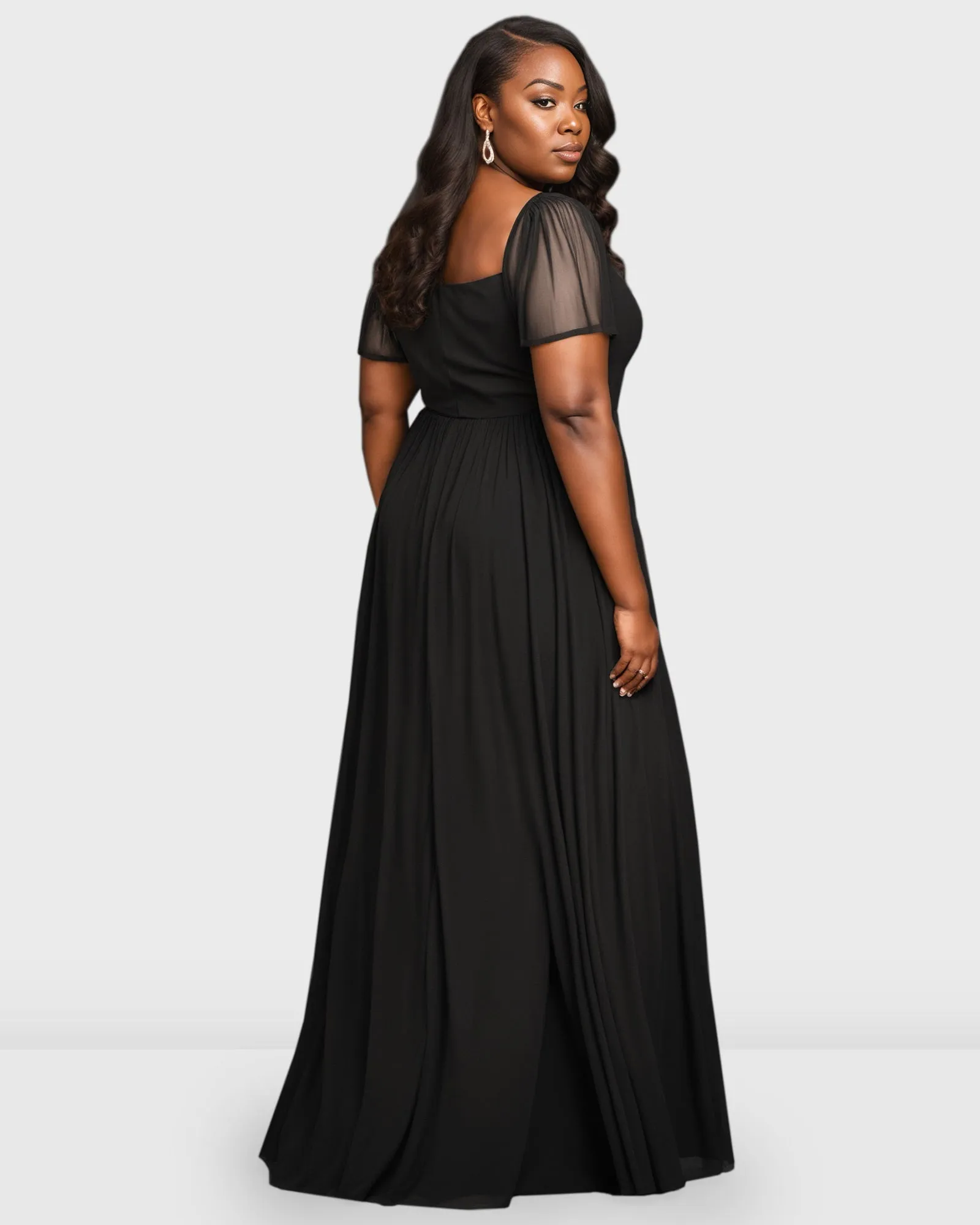 Sheer Tulle Vented Maxi Dress | Black