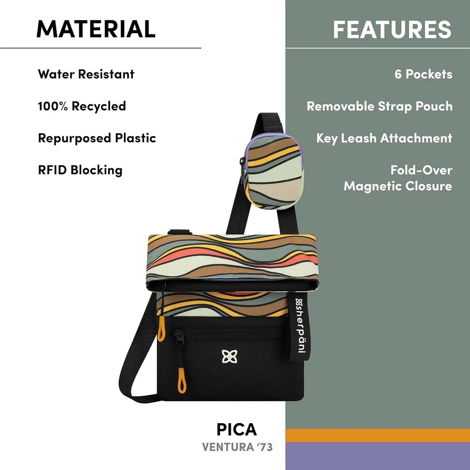 Sherpani Pica, Small Crossbody, Nylon Shoulder Bag, Lightweight 4L Purse for Women, Travel Cross Body Bag with RFID Protection, Removable Coin Purse, Travel Gift for Mothers Day 2025 (Ventura '73)