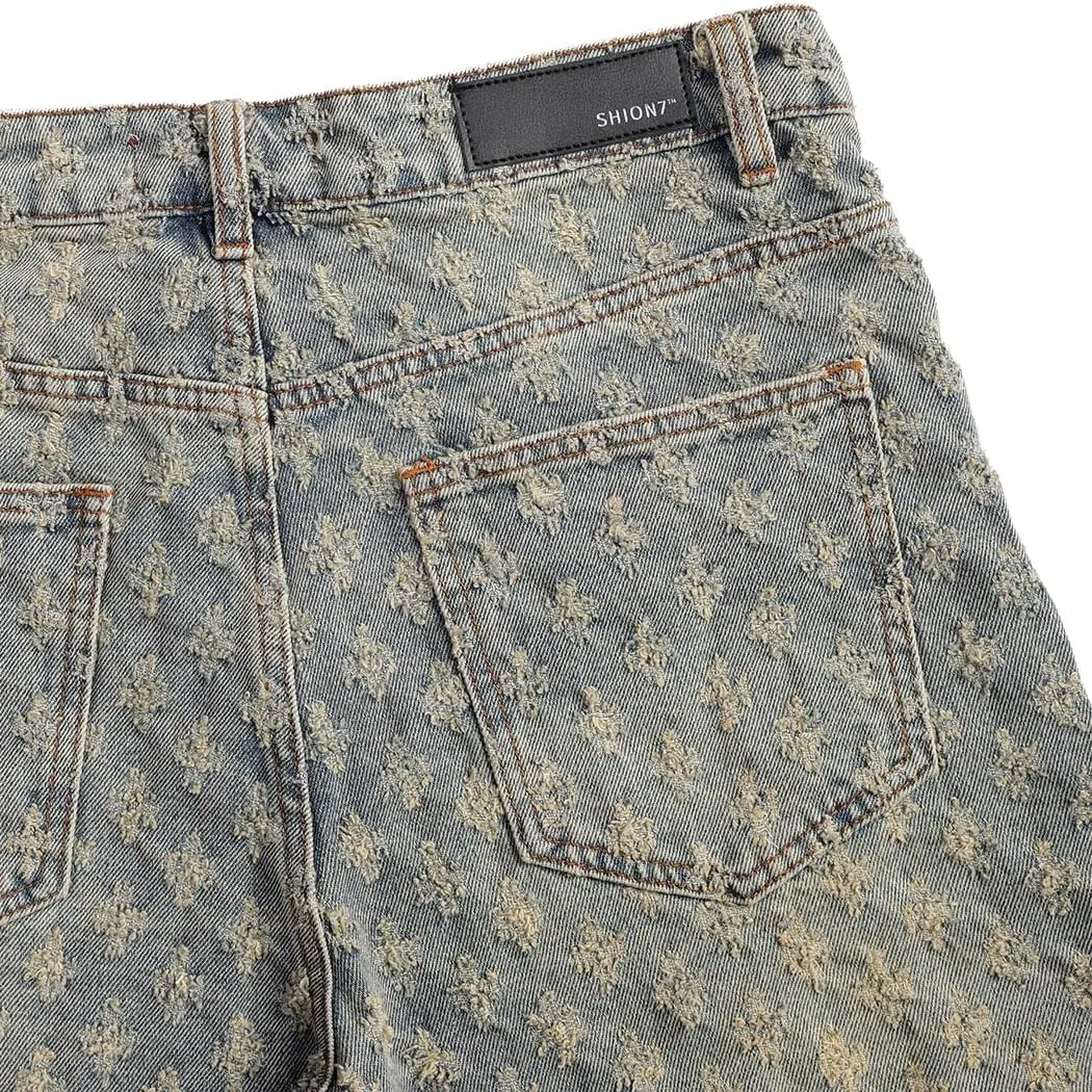 SHION7 Men's Denim Shorts, Relaxed Fit Knee Length Short Pants for Men, Ripped Baggy Half Pant, Streetwear Oversized Shorts