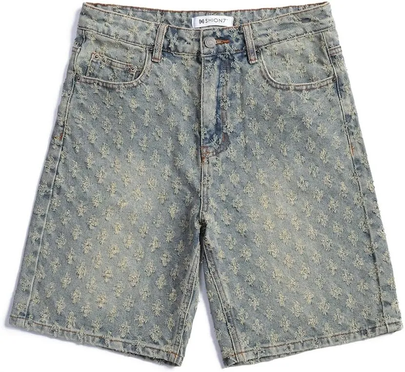 SHION7 Men's Denim Shorts, Relaxed Fit Knee Length Short Pants for Men, Ripped Baggy Half Pant, Streetwear Oversized Shorts