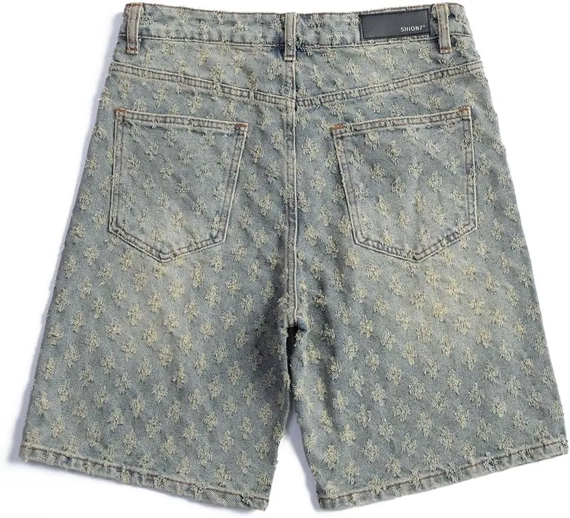 SHION7 Men's Denim Shorts, Relaxed Fit Knee Length Short Pants for Men, Ripped Baggy Half Pant, Streetwear Oversized Shorts