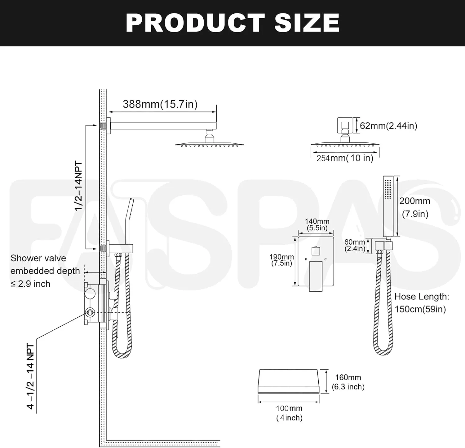 Shower System with Tub Spout, Wall Mounted Shower Faucet Set for Bathroom with 10 Inch Rain Shower Head and Handheld Shower Head Set, Matte Black