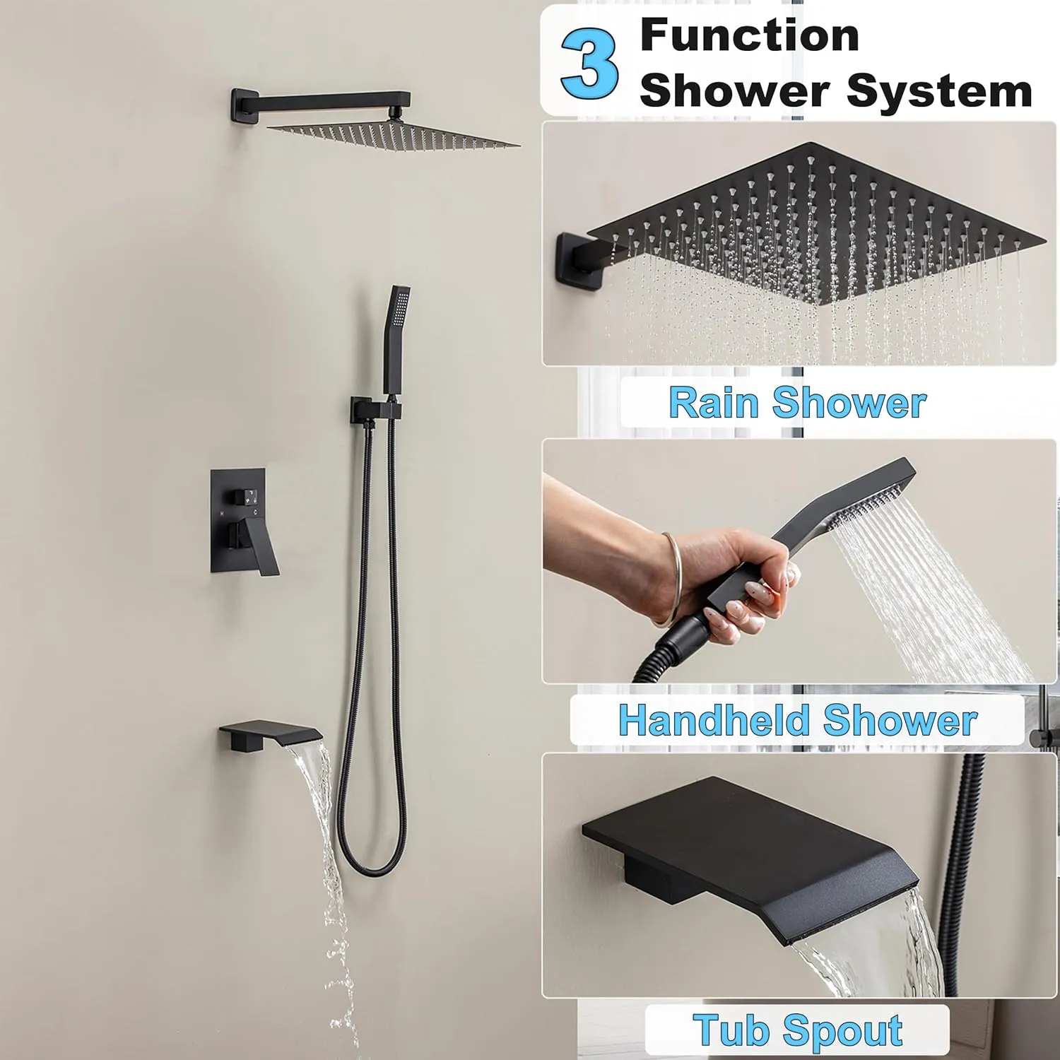 Shower System with Tub Spout, Wall Mounted Shower Faucet Set for Bathroom with 10 Inch Rain Shower Head and Handheld Shower Head Set, Matte Black