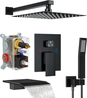 Shower System with Tub Spout, Wall Mounted Shower Faucet Set for Bathroom with 10 Inch Rain Shower Head and Handheld Shower Head Set, Matte Black