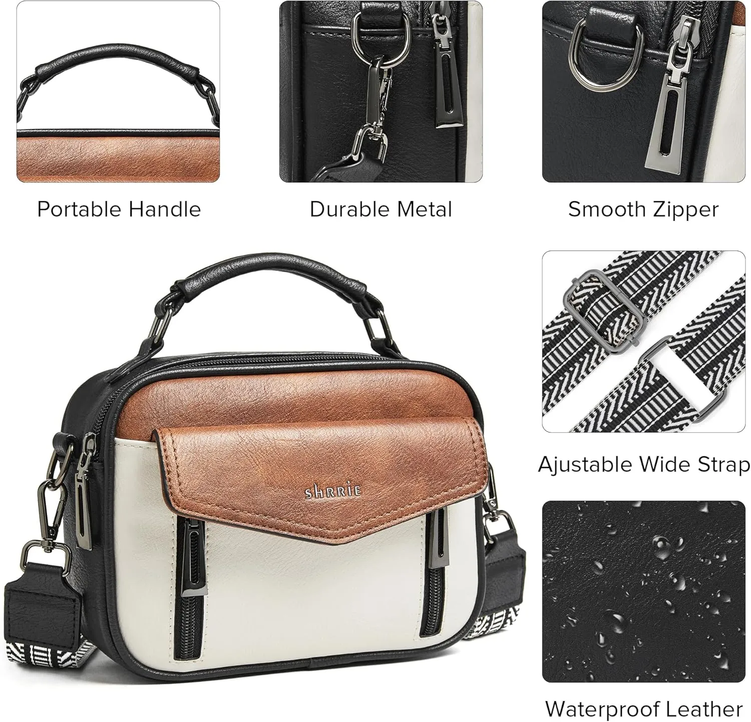 Shrrie Quilted Crossbody Bags for Women - Vegan Leather Crossbody Purses Triple Pocket Small Purses for Women Wide Strap