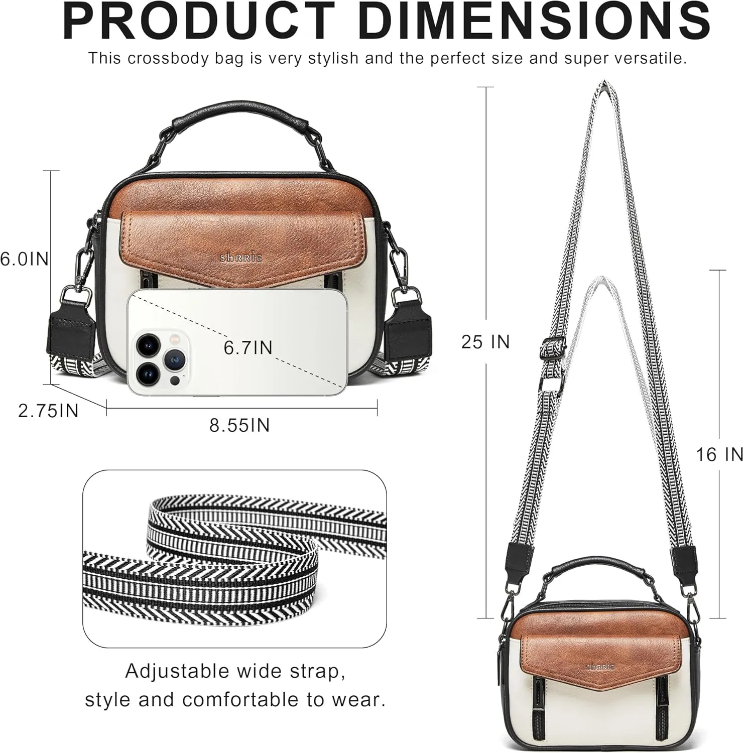 Shrrie Quilted Crossbody Bags for Women - Vegan Leather Crossbody Purses Triple Pocket Small Purses for Women Wide Strap