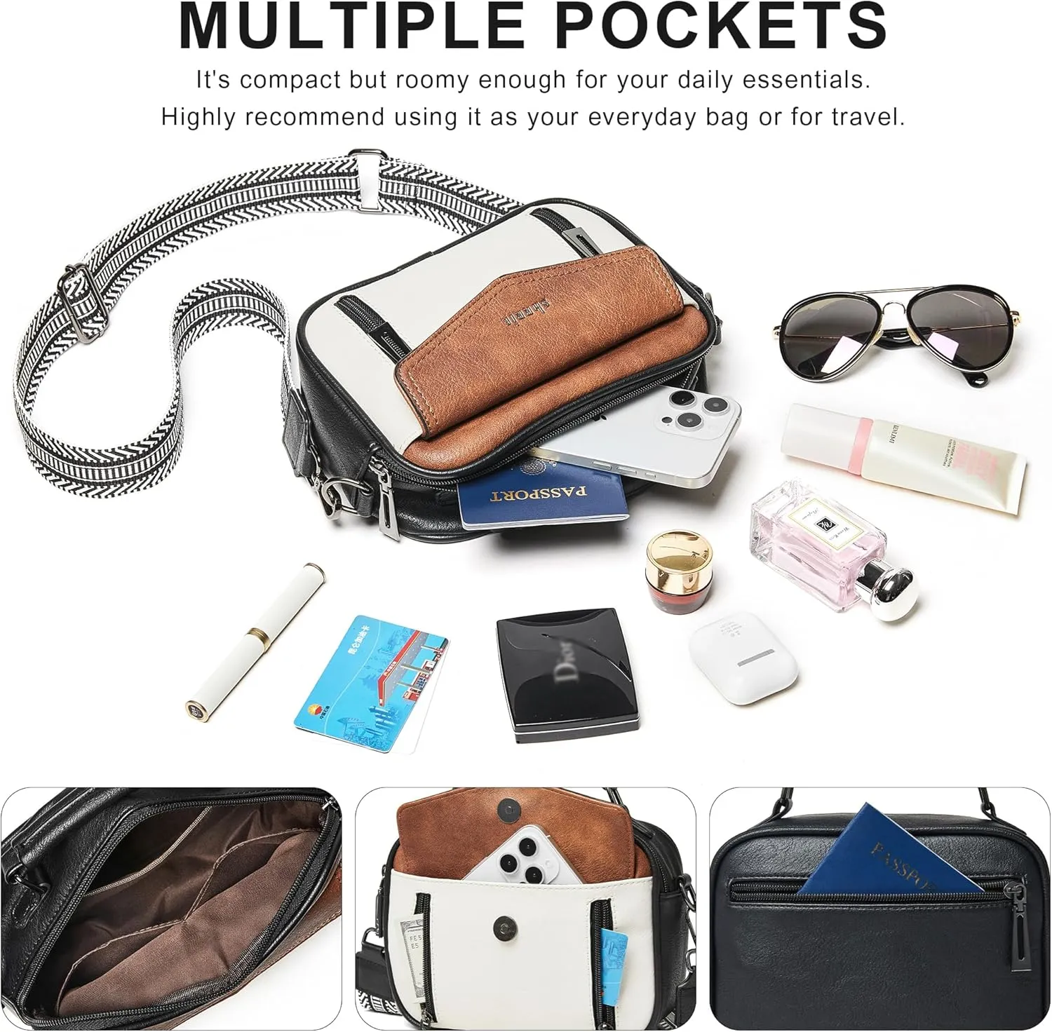 Shrrie Quilted Crossbody Bags for Women - Vegan Leather Crossbody Purses Triple Pocket Small Purses for Women Wide Strap