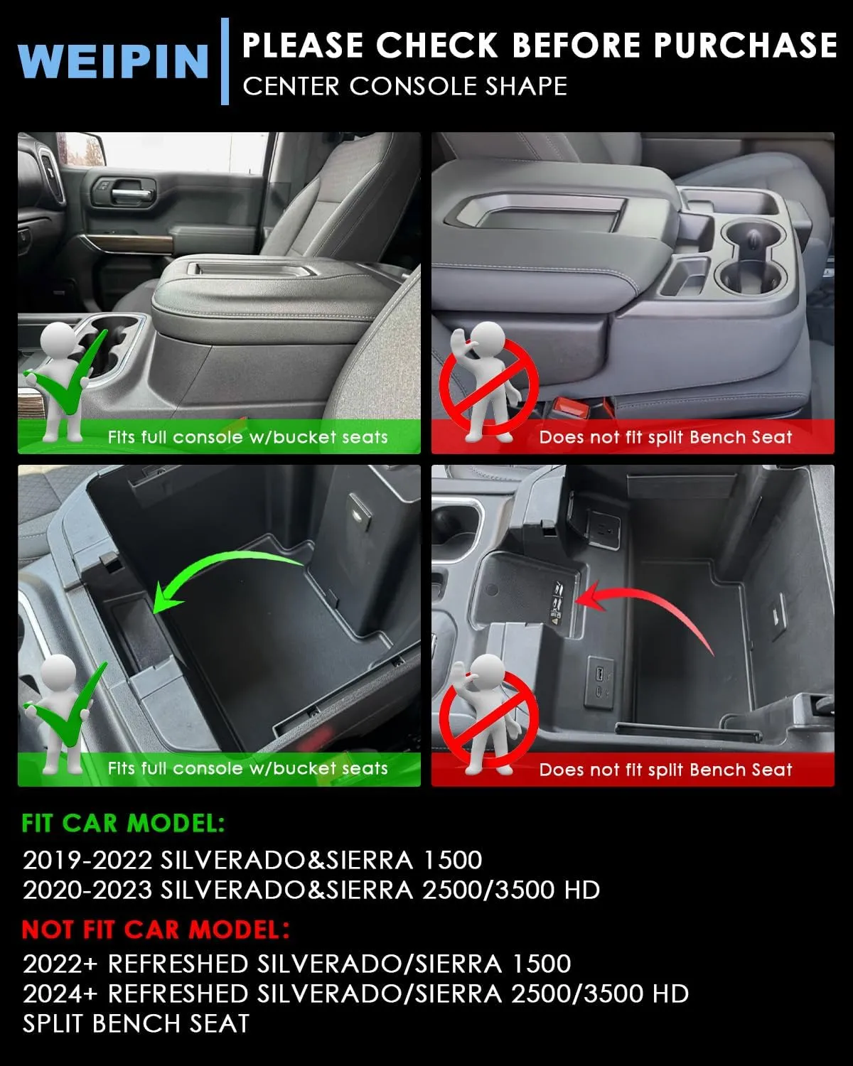 Silverado Sierra Center Console Organizer - Compatible with 2019-2022 Chevy Silverado/GMC Sierra 1500 and 2020-2023 Silverado/Sierra 2500HD 3500HD Armrest - (Full Console w/Bucket Seats ONLY) - Black