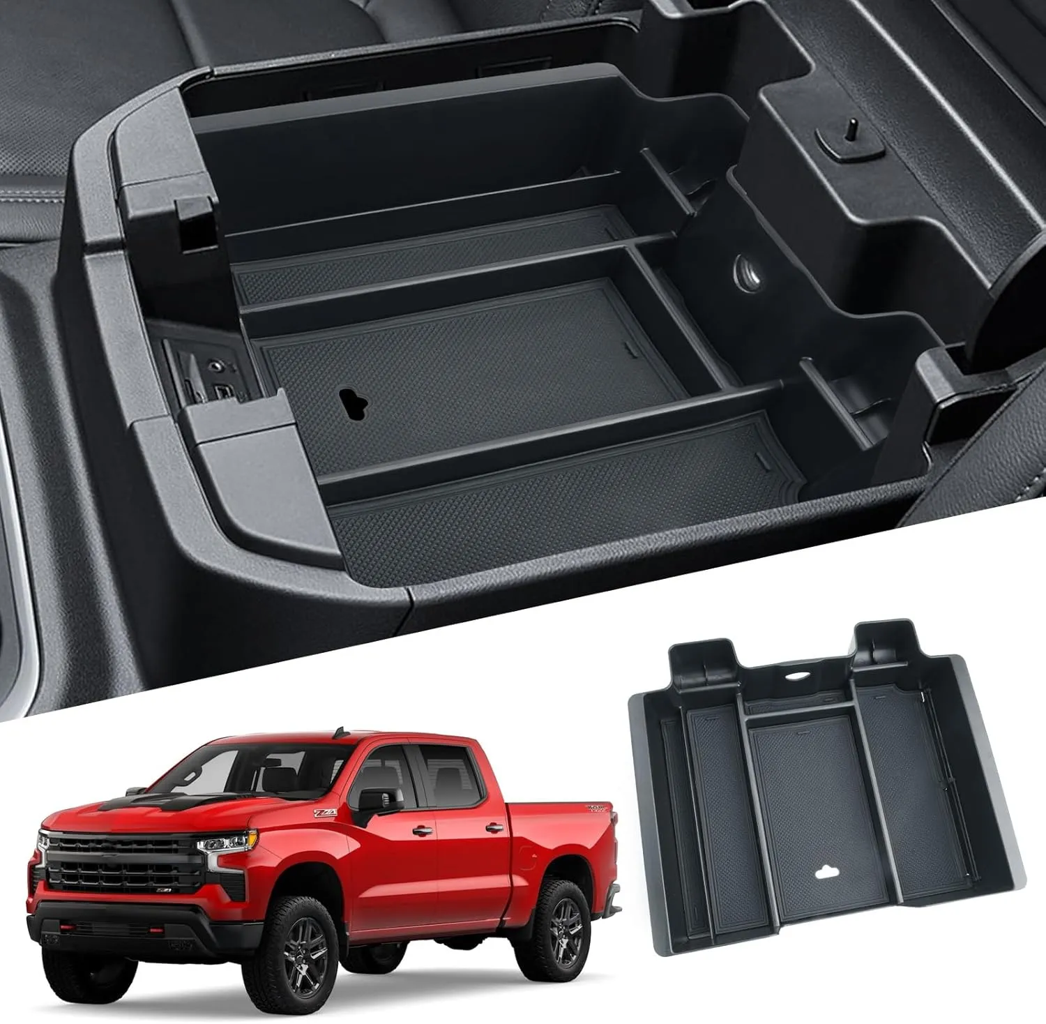Silverado Sierra Center Console Organizer - Compatible with 2019-2022 Chevy Silverado/GMC Sierra 1500 and 2020-2023 Silverado/Sierra 2500HD 3500HD Armrest - (Full Console w/Bucket Seats ONLY) - Black