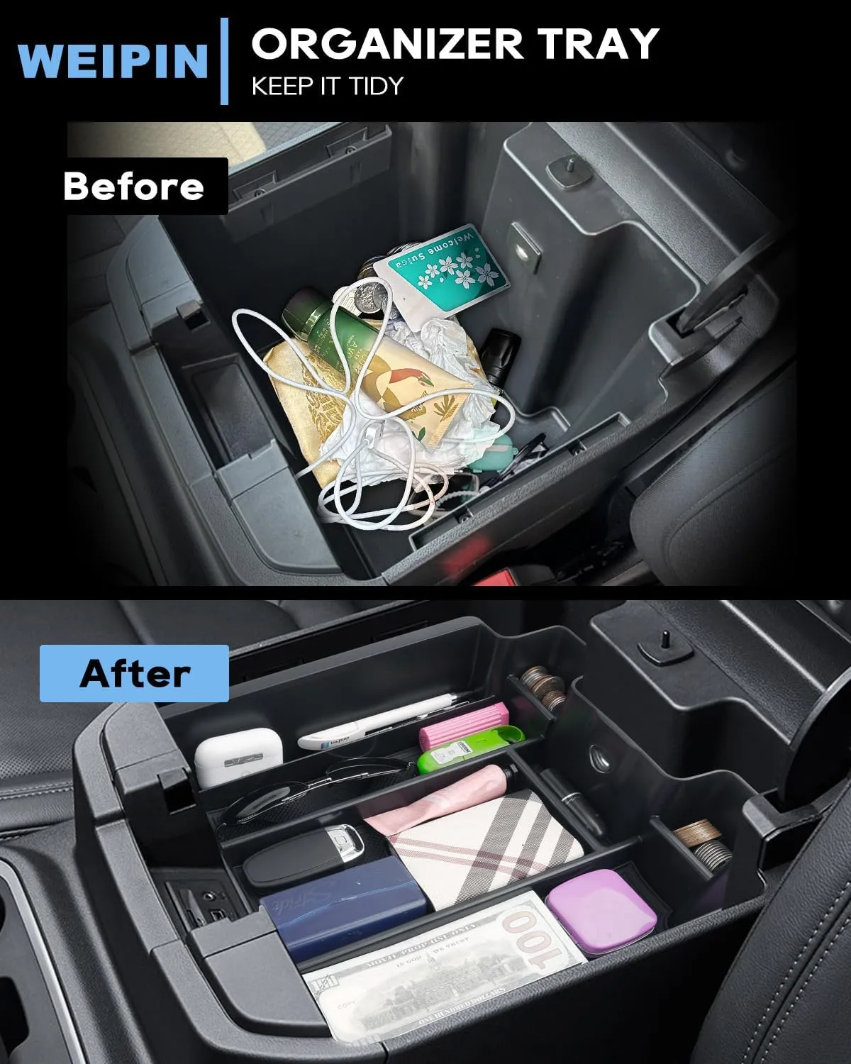 Silverado Sierra Center Console Organizer - Compatible with 2019-2022 Chevy Silverado/GMC Sierra 1500 and 2020-2023 Silverado/Sierra 2500HD 3500HD Armrest - (Full Console w/Bucket Seats ONLY) - Black