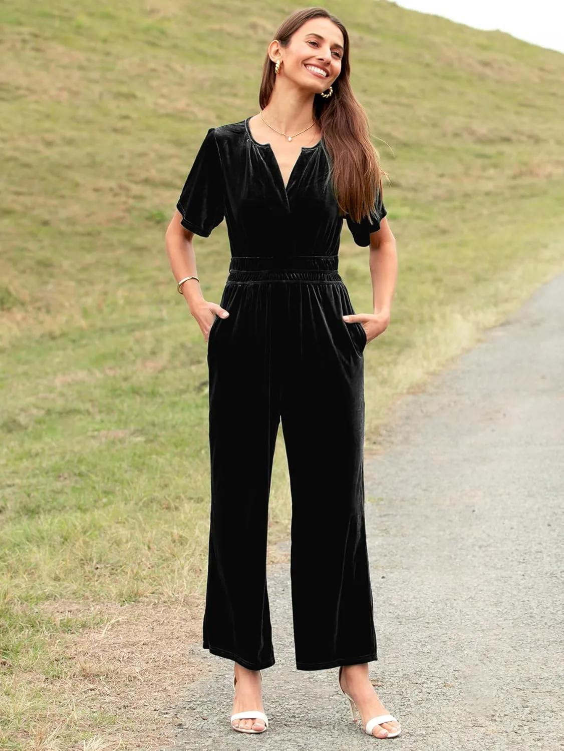 Simplee Womens Short Sleeve Wide Leg Velvet Jumpsuit Dressy V Neck Elastic Waist Formal Jumpsuits 2024 Winter Holiday Outfits