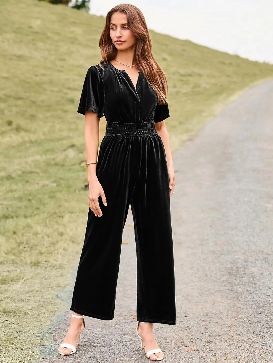 Simplee Womens Short Sleeve Wide Leg Velvet Jumpsuit Dressy V Neck Elastic Waist Formal Jumpsuits 2024 Winter Holiday Outfits