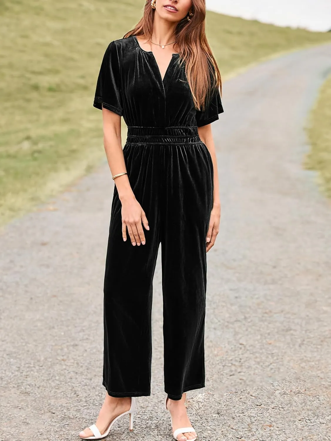 Simplee Womens Short Sleeve Wide Leg Velvet Jumpsuit Dressy V Neck Elastic Waist Formal Jumpsuits 2024 Winter Holiday Outfits