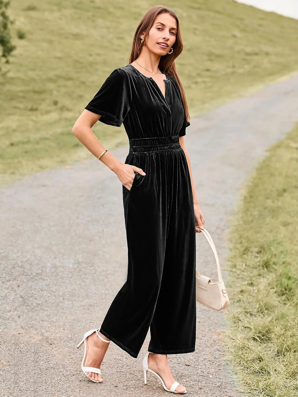 Simplee Womens Short Sleeve Wide Leg Velvet Jumpsuit Dressy V Neck Elastic Waist Formal Jumpsuits 2024 Winter Holiday Outfits