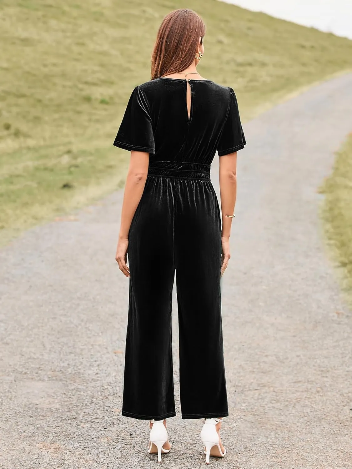 Simplee Womens Short Sleeve Wide Leg Velvet Jumpsuit Dressy V Neck Elastic Waist Formal Jumpsuits 2024 Winter Holiday Outfits