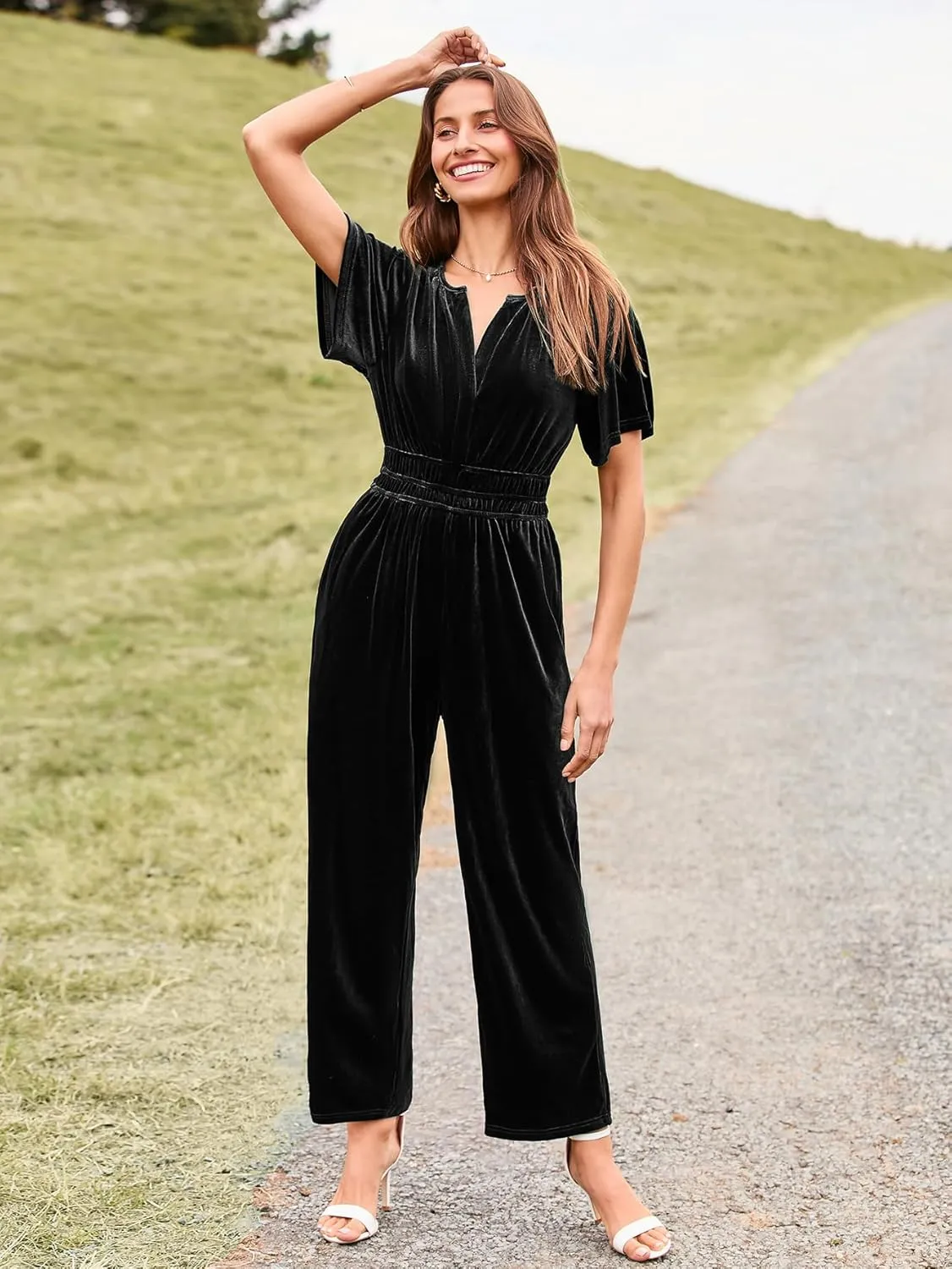 Simplee Womens Short Sleeve Wide Leg Velvet Jumpsuit Dressy V Neck Elastic Waist Formal Jumpsuits 2024 Winter Holiday Outfits