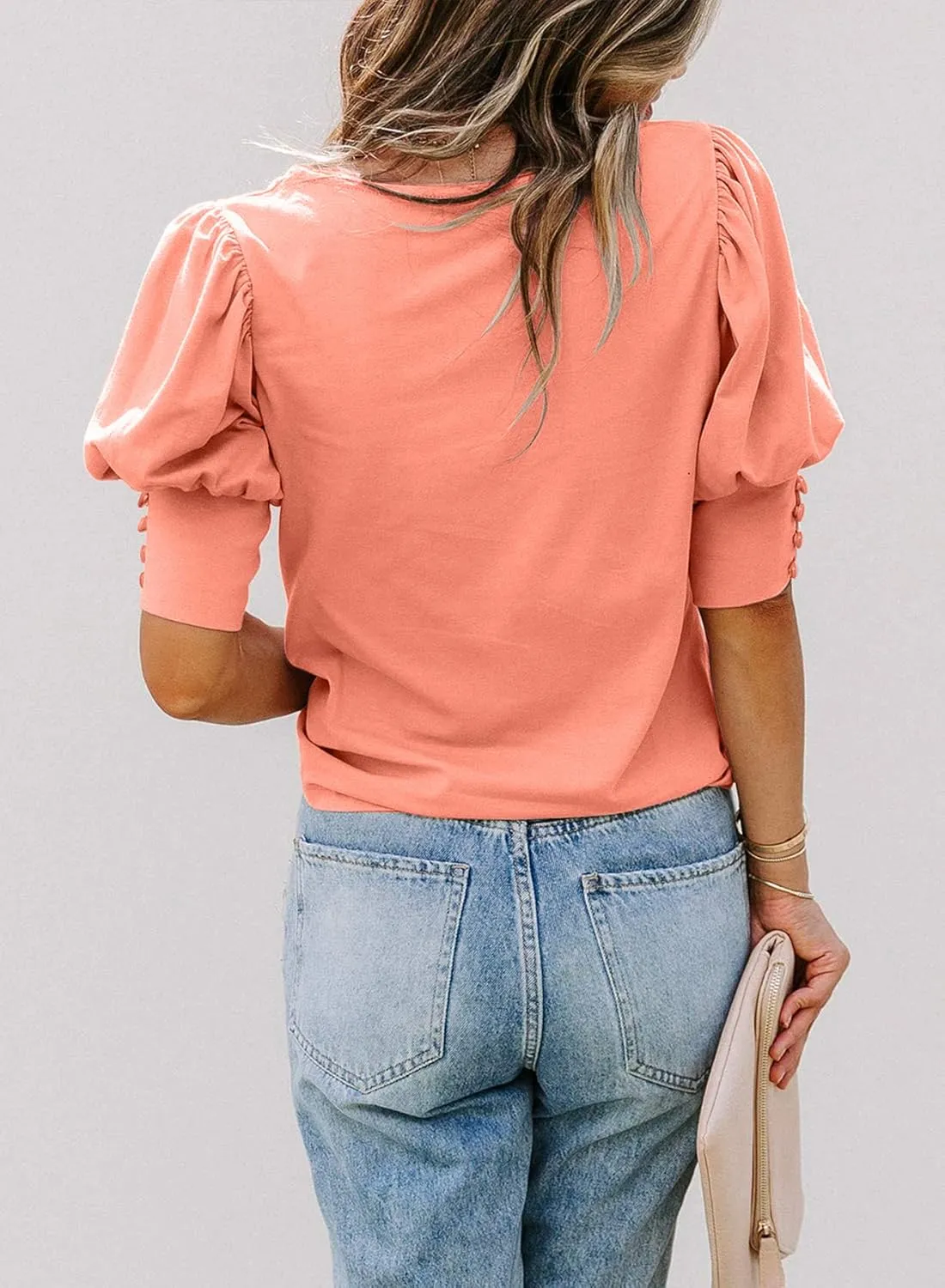 SimpleFun Women's Puff Sleeve Tops Summer Crewneck Loose Casual Blouse Shirts