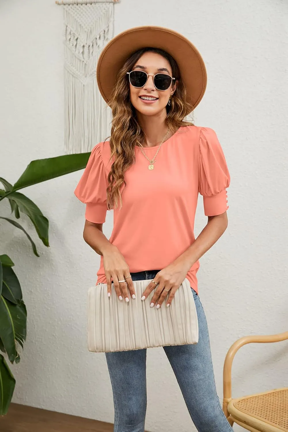 SimpleFun Women's Puff Sleeve Tops Summer Crewneck Loose Casual Blouse Shirts