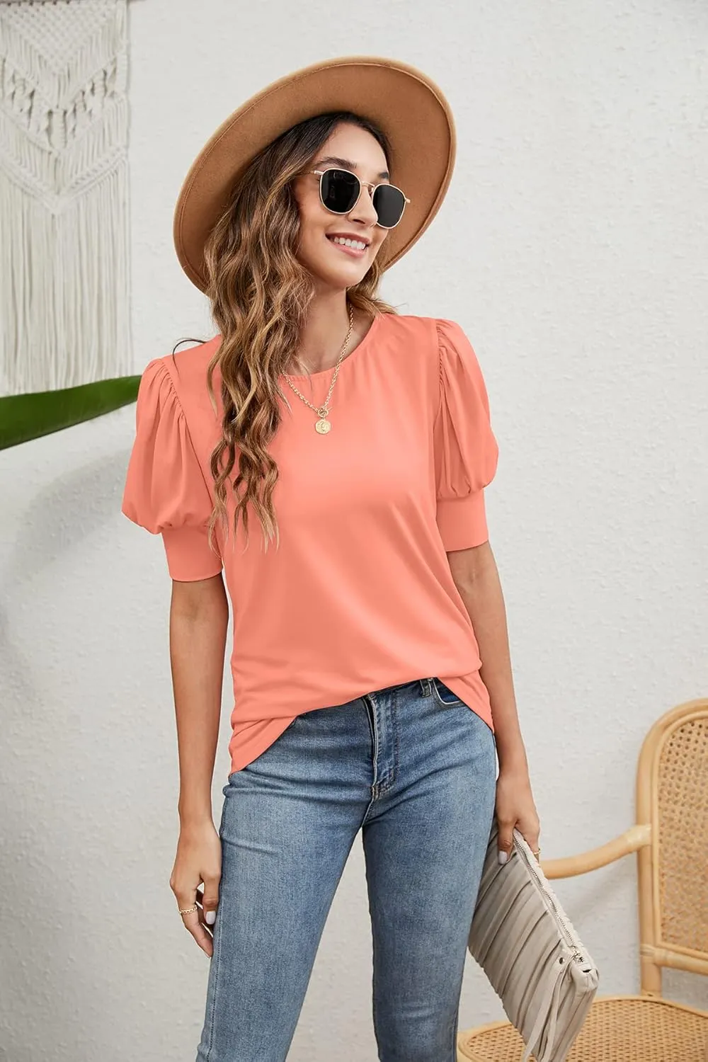 SimpleFun Women's Puff Sleeve Tops Summer Crewneck Loose Casual Blouse Shirts