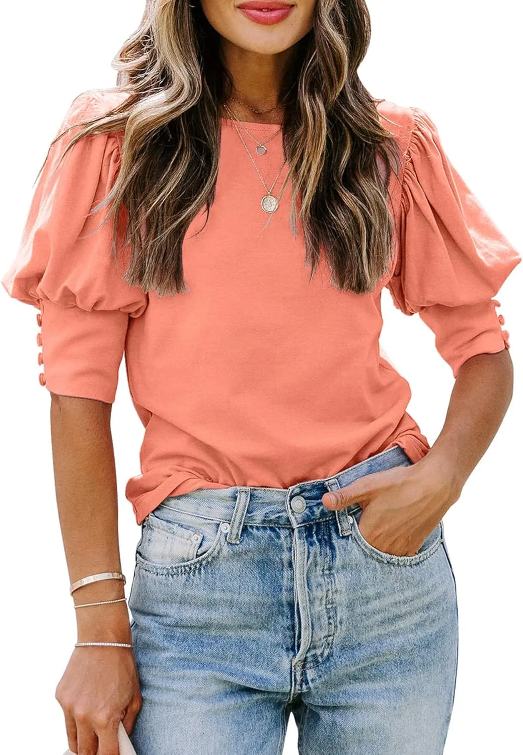 SimpleFun Women's Puff Sleeve Tops Summer Crewneck Loose Casual Blouse Shirts