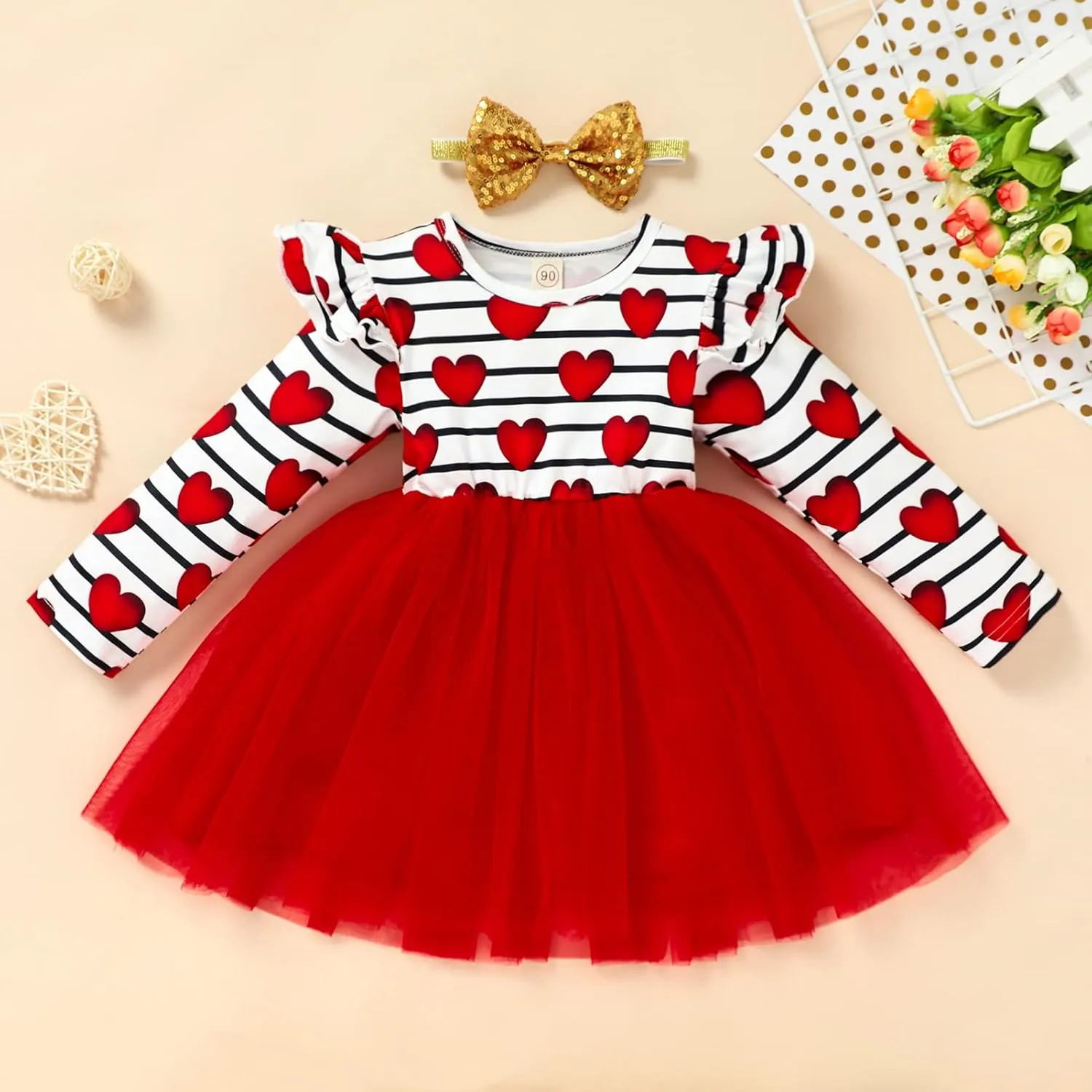 Sinhoon Baby Girls Outfits Long Sleeve Stripe Heart Print Tutu Skirts Ruffle Dress Toddler Girl Clothes