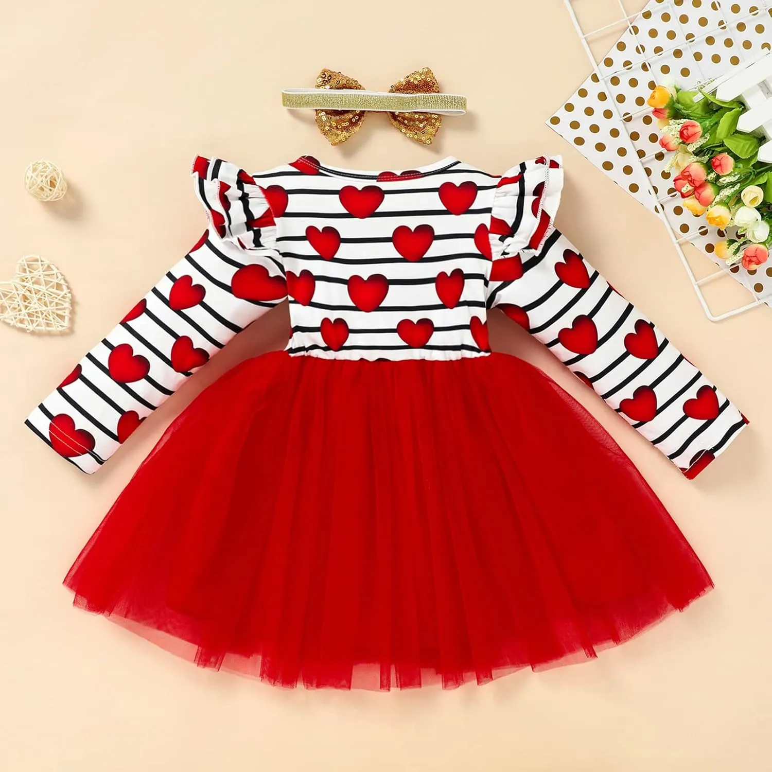 Sinhoon Baby Girls Outfits Long Sleeve Stripe Heart Print Tutu Skirts Ruffle Dress Toddler Girl Clothes
