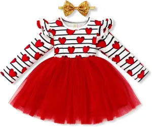 Sinhoon Baby Girls Outfits Long Sleeve Stripe Heart Print Tutu Skirts Ruffle Dress Toddler Girl Clothes