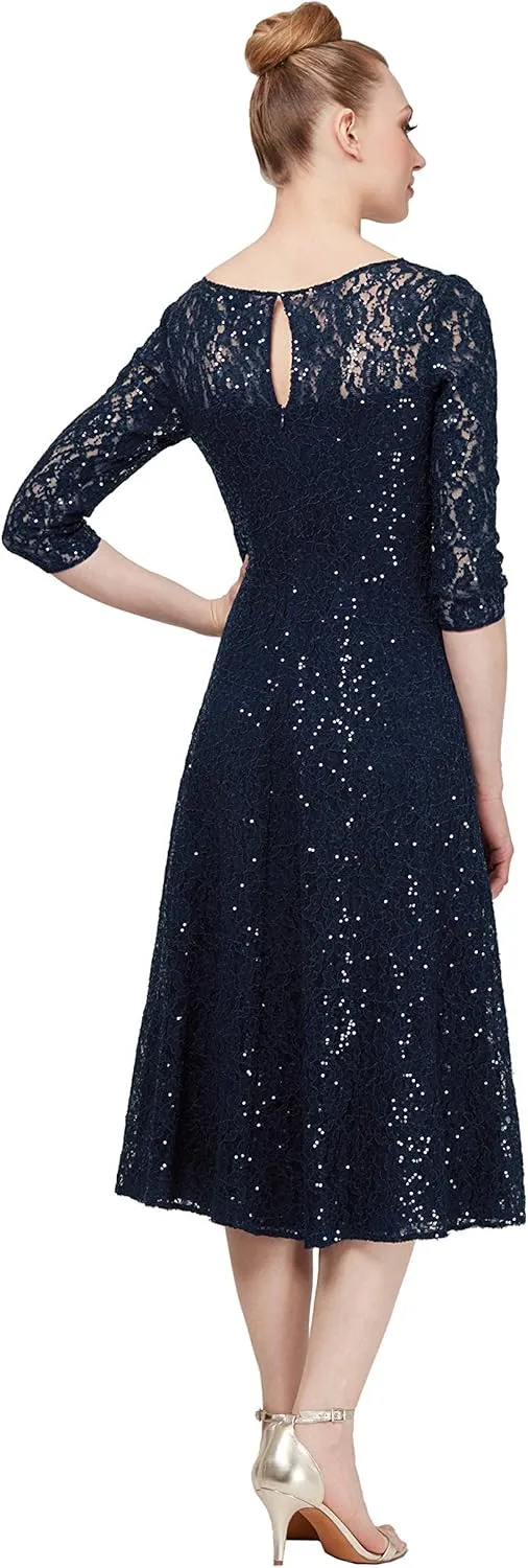 S.L. Fashions Women's Tea Length Three Quarter Sleeve Sequin Lace Dress