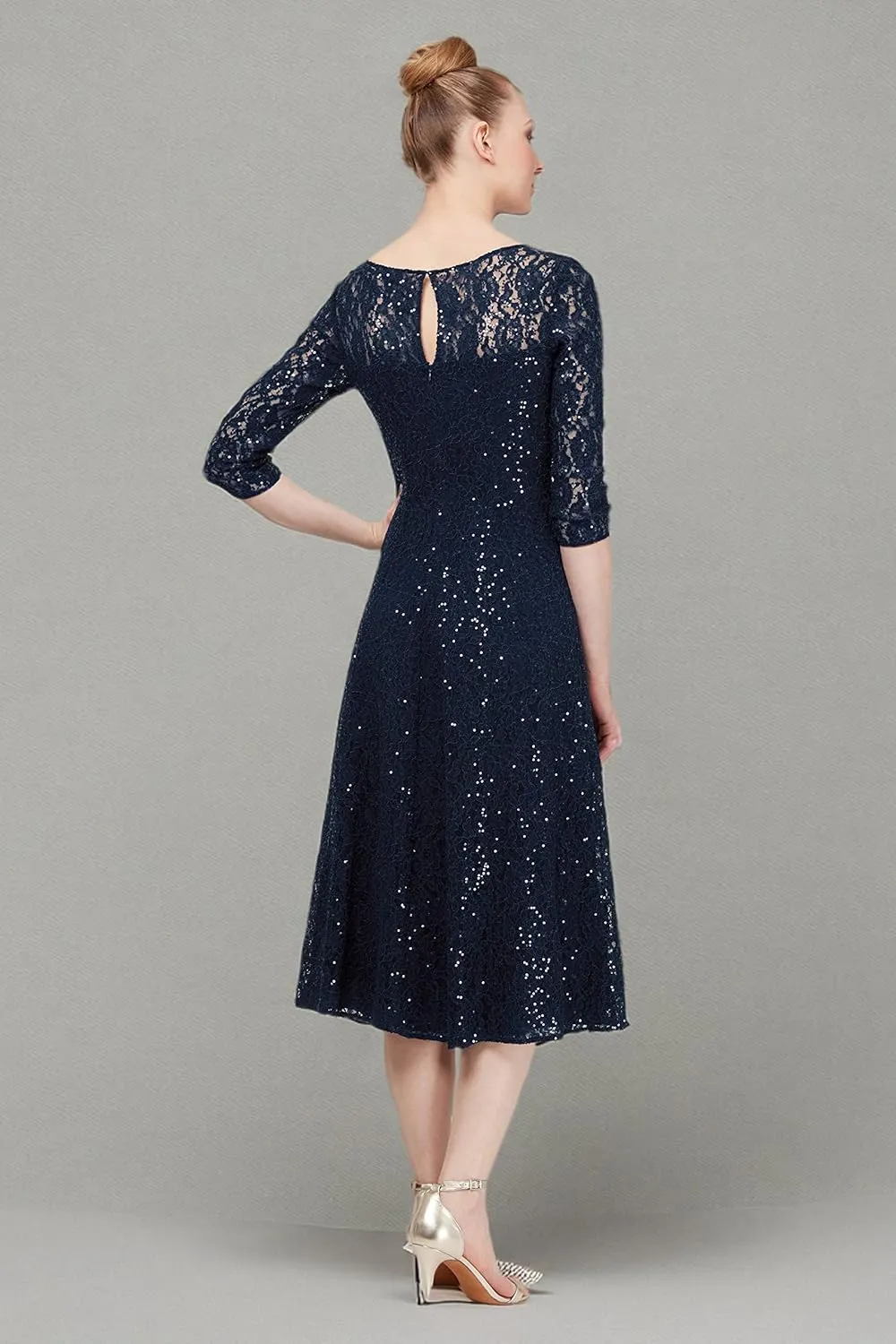 S.L. Fashions Women's Tea Length Three Quarter Sleeve Sequin Lace Dress