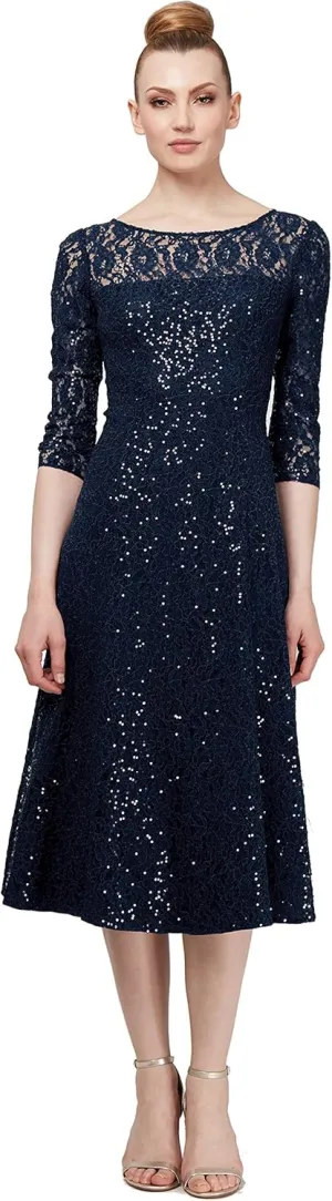 S.L. Fashions Women's Tea Length Three Quarter Sleeve Sequin Lace Dress