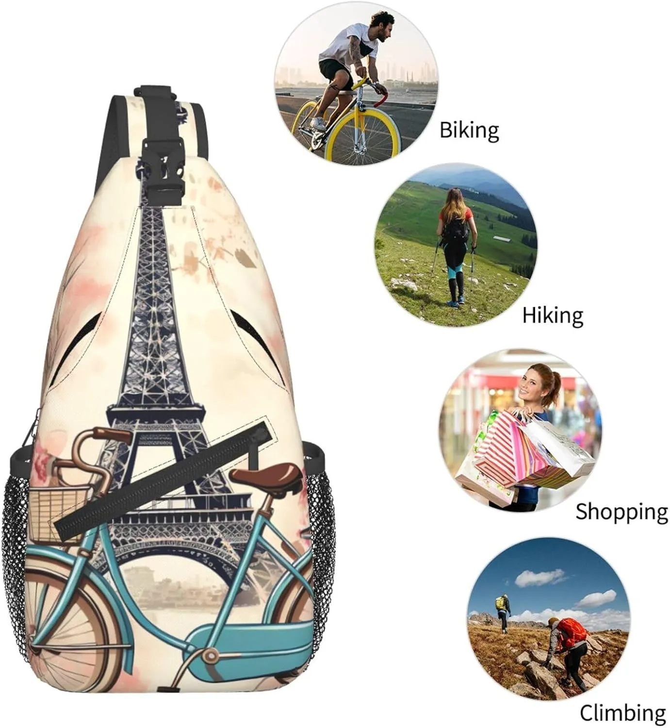 Sling Bag for Men Women Crossbody Backpack Eiffel Tower Bike Crossbody Bag Chest Bag for Travel Sport