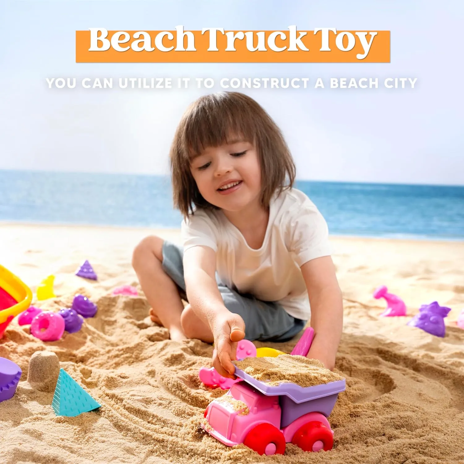 Sloosh Beach Sand Toys Set - Pink Dump Truck Car Toy with Sand Molds, Collapsible Buckets Mesh Bag Shovels Castle Ice Cream Mold for Ages Kids Toddlers Sandbox Toys Gifts Travel Vacation (Foods)