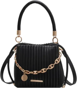 Soft Bucket Crossbody Bag for Women Small Purse Trendy Pleated PU Leather Shoulder Totes Hnadbag Satchel with Chain