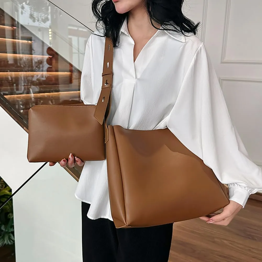 Soft Vegan Leather Bucket Tote Bag for Women Large Shoulder Crossbody Purse Casual Working Handbag Satchel 2pcs