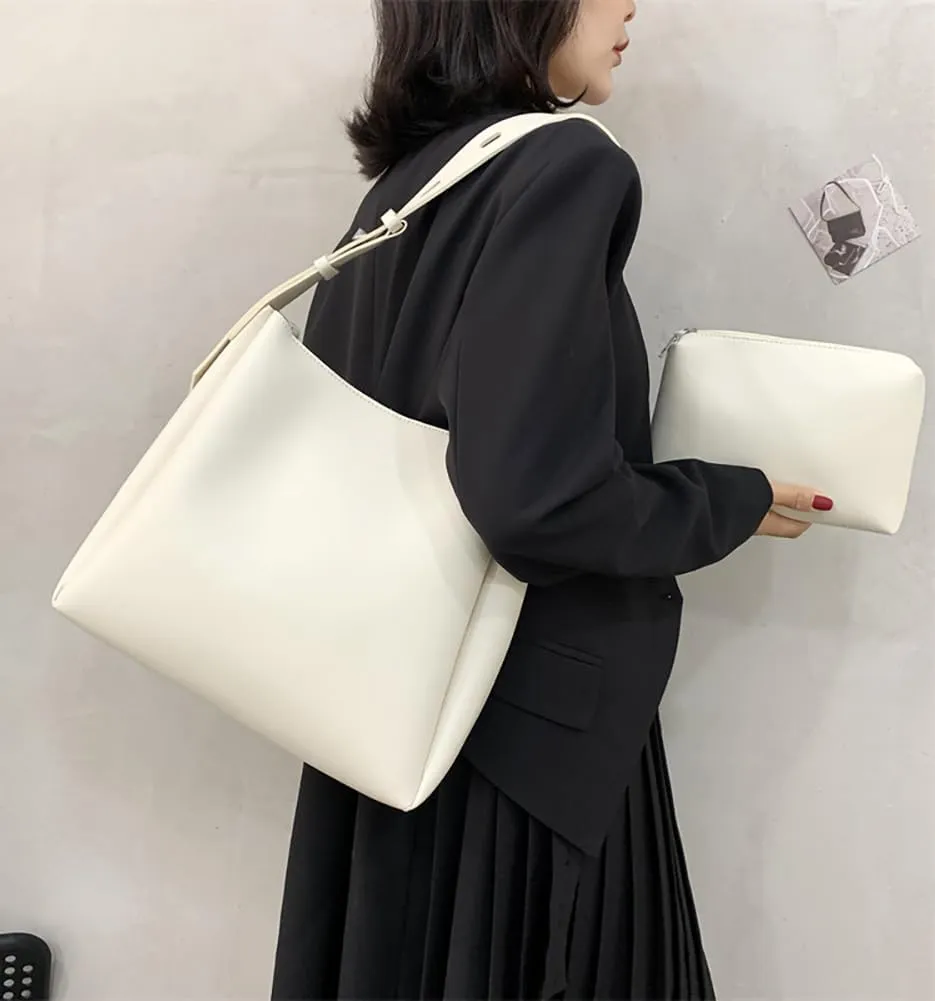 Soft Vegan Leather Bucket Tote Bag for Women Large Shoulder Crossbody Purse Casual Working Handbag Satchel 2pcs
