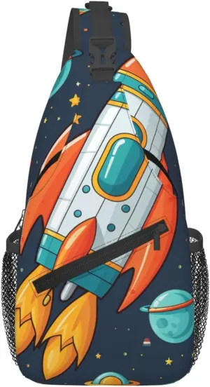 Space Ship Cartoon Cross Chest Bag Diagonally Sling Backpack Outdoor Travel Cycling Bag for Men Women
