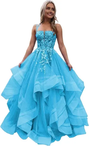 Spaghetti Straps Tulle Prom Dresses for Women Laces Ruffle Sparkly Tulle Formal Evening Gown ZX58