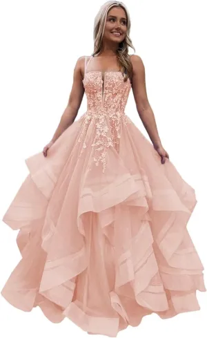 Spaghetti Straps Tulle Prom Dresses for Women Laces Ruffle Sparkly Tulle Formal Evening Gown ZX58