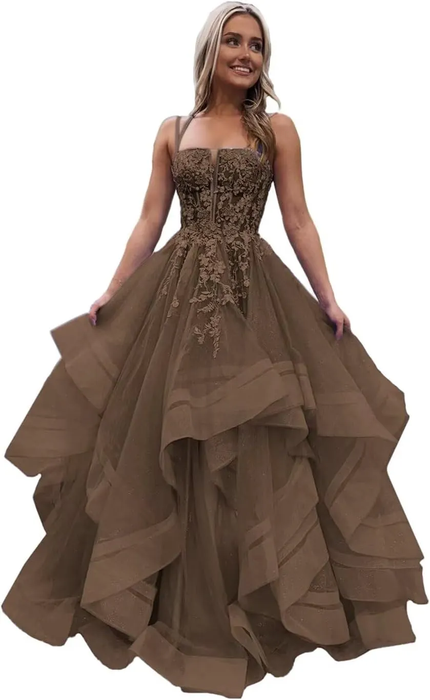 Spaghetti Straps Tulle Prom Dresses for Women Laces Ruffle Sparkly Tulle Formal Evening Gown ZX58