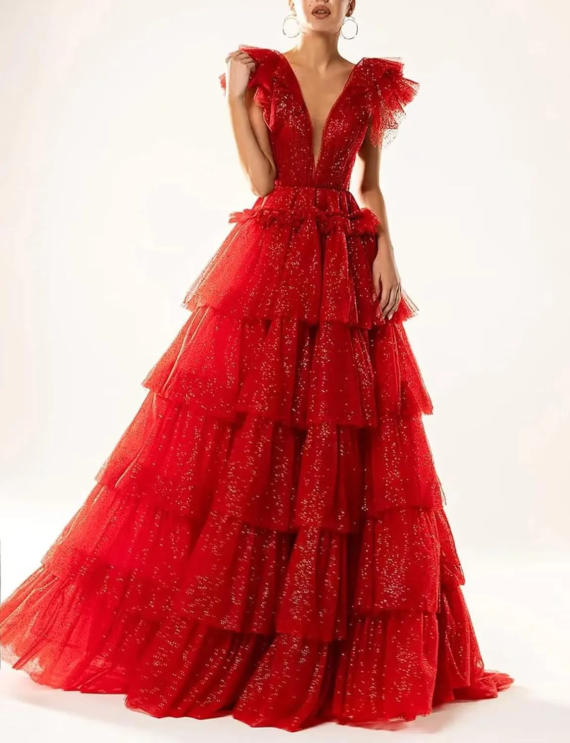 Sparkley Tulle Prom Dress Tiered V Neck Ball Gowns Long Puffy Formal Evening Gowns