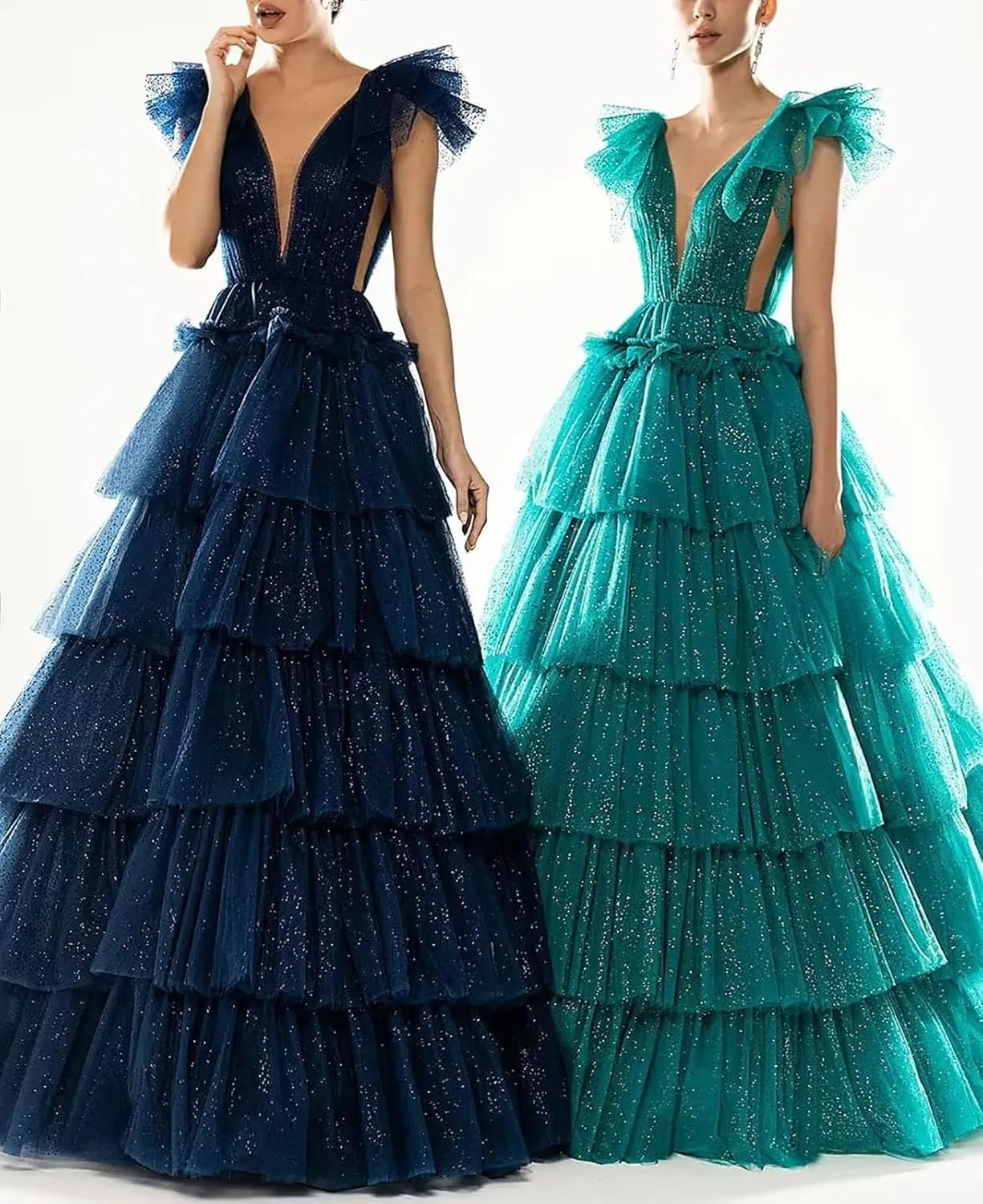 Sparkley Tulle Prom Dress Tiered V Neck Ball Gowns Long Puffy Formal Evening Gowns