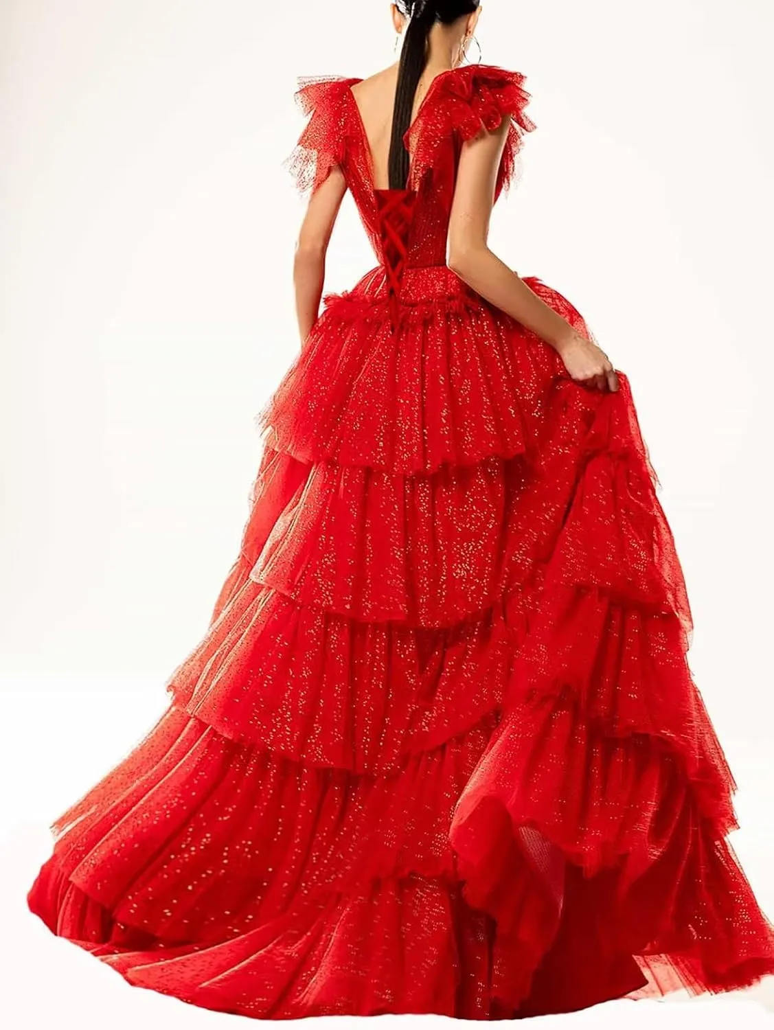 Sparkley Tulle Prom Dress Tiered V Neck Ball Gowns Long Puffy Formal Evening Gowns
